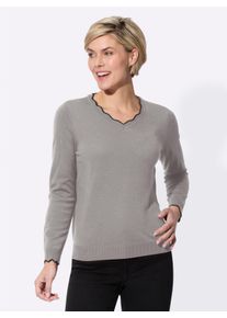WITT Damen V-Ausschnitt-Pullover mit gewelltem Abschluss, steingrau, Gr&ouml;&szlig;e 48, 100% Polyacryl