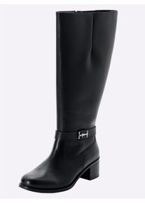 sheego Witt Damen Weitschaftstiefel aus Leder, mit Zierschnalle, schwarz, Größe 43, 100% Rindnappa