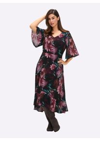 sheego Witt Damen Chiffonkleid mit Fl&uuml;gel&auml;rmeln und Volants, schwarz-bedruckt, Gr&ouml;&szlig;e 42, 100% Polyester