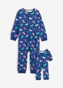 Schlafoverall aus reiner Bio-Baumwolle mit Puppenoverall (2-tlg. Set) in blau, Grösse 104/110, 100% Baumwolle, bonprix