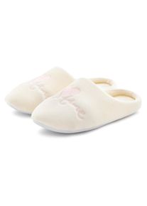 Vivance , Damen , Hausschuh &raquo;Pantolette, Pantoffel, Clog,&laquo; mit verspieltem Schriftzug VEGAN , beige , Hausschuh mit verspieltem Schriftzug