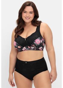 sheego Witt Damen BH ohne Bügel mit Blüten-Print, schwarz-bedruckt, Größe 90B, 82% Polyamid, 18% Elasthan. Spitze: 90% Polyamid, 10% Elasthan. Netzmaterial: 
