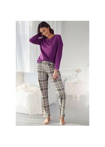 Lascana , Pyjama, (2 tlg.), mit Flanellhose im Karomuster , lila , Klassischer Schlafanzug mit Wellensaum und Karomuster