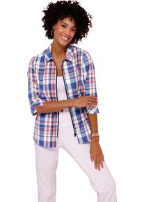 Damen Karobluse mit Reissverschluss jeansblau-koralle-kariert