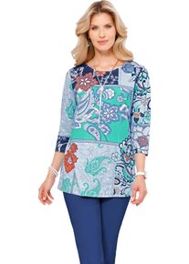 Damen Longshirt mit Patchdruck royalblau-himmelblau-bedruckt
