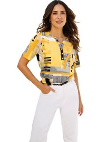 Damen Kurzarmshirt mit kurzer Knopfleiste ocker-sand-bedruckt