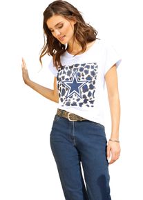 Damen Kurzarmshirt mit Glitzer- und Folien-Print weiss-jeansblau