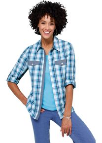 Damen Karobluse mit Brust-Pattentaschen t&uuml;rkis-weiss-kariert