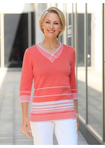 WITT Damen 3/4 Arm-Pullover mit &uuml;berlappendem V-Ausschnitt, koralle-wei&szlig;-gestreift, Gr&ouml;&szlig;e 54, 100% Polyacryl