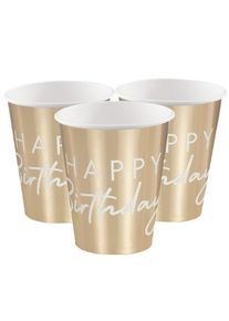 Ginger Ray 8 gobelets en papier Happy Birthday or m&eacute;tallis&eacute; 260ml