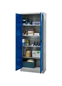 Schäfer Shop Pure Materialschrank, abschliessbar, 4 Böden, B 800 x T 400 x H 1935 mm, Stahl, lichtgrau/enzianblau