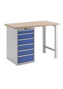 Werkbank im Baukastensystem, H&ouml;he 1040 mm, Unterstellschrank, 6 Schubladen, enzianblau, Tischbreite 1500 mm LISTA