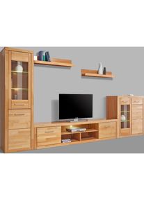 Home Affaire Wohnwand »Logo,Fronten Massivholz,Korpus Holzwekstoff,Böden versetzbar« Set, 5 Stk. tlg. Türanschlag hohe Vitrine wechselbar,bei TV Teil...