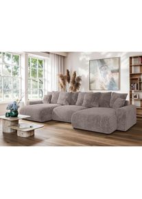 Home Affaire Wohnlandschaft »LAKESIDE mit Bettfunktion und Bettkasten, Masse B/T/H: 332,5/142/84 cm« U‐Form mit vielen Kissen und Wellenunterfederung , beige ,...
