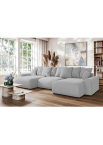 Home Affaire Wohnlandschaft »LAKESIDE mit Bettfunktion und Bettkasten, Masse B/T/H: 332,5/142/84 cm« U‐Form mit vielen Kissen und Wellenunterfederung , grau ,...