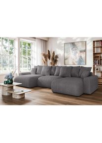 Home Affaire Wohnlandschaft »LAKESIDE mit Bettfunktion und Bettkasten, Masse B/T/H: 332,5/142/84 cm« U‐Form mit vielen Kissen und Wellenunterfederung , grau ,...