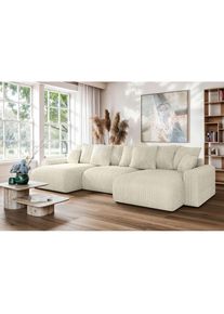 Home Affaire Wohnlandschaft »LAKESIDE mit Bettfunktion und Bettkasten, Masse B/T/H: 332,5/142/84 cm« U‐Form mit vielen Kissen und Wellenunterfederung , beige ,...