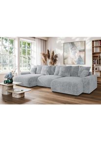 Home Affaire Wohnlandschaft »LAKESIDE mit Bettfunktion und Bettkasten, Masse B/T/H: 332,5/142/84 cm« U‐Form mit vielen Kissen und Wellenunterfederung , grau ,...