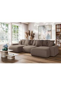 Home Affaire Wohnlandschaft »LAKESIDE mit Bettfunktion und Bettkasten, Masse B/T/H: 332,5/142/84 cm« U‐Form mit vielen Kissen und Wellenunterfederung , braun ,...