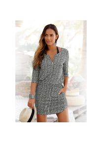 s.Oliver , Sommerkleid Eingrifftaschen mit Reissverschluss und 3/4-Ärmeln, Jerseykleid mit Taschen , beige , Ausschnitt mit goldfarbenem Zipper