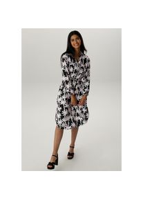 Aniston SELECTED , Blusenkleid Eingrifftaschen mit edler Palmen-Musterung , schwarz-weiss , Durchgeknöpftes Kleid mit zwei Eingriffstaschen aus...