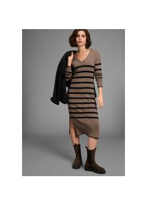Laura Scott, Unisex, Strickkleid Ohne Taschen in Midi-L&auml;nge mit Streifen und V-Neck - NEUE KOLLEKTION, taupe, schwarz, gestreift, 42, N-Gr, 