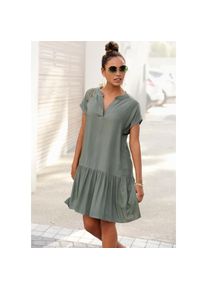 s.Oliver , Blusenkleid mit Volant am Rock, Tunikakleid, Sommerkleid , grün , Kurzes Blusenkeid mit V-Ausschnitt
