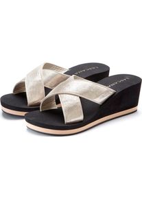 Lascana, Unisex, Lascana Badepantolette Sandale, Pantolette, Badeschuh mit Keilabsatz und Metallic-Optik VEGAN, schwarz, goldfarben, 39, Modischer 