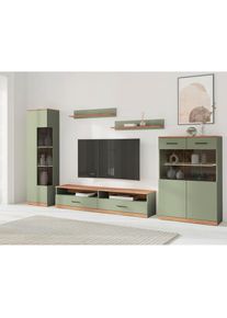 Wohnwand »Ribe,Set-5 St.,Oberplatten Eiche massiv,viel Stauraum« 5 Stk. tlg. Glaseinsatz aus gehärtetem Glas,Böden teilweise versetzbar , Home Affaire
