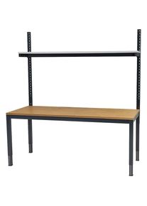 H&ouml;henverstellbarer Arbeitstisch mit Etagenbord, h&ouml;henverstellbar 650 - 900 mm, BxT 1800 x 900 mm, Buche-Multiplexplatte eurokraft basic