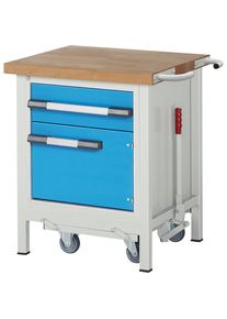 Fahr- und absenkbare Werkbank, Gestellbauweise Serie 8000, 1 Schublade, 1 T&uuml;r, Ablageboden, BxT 750 x 700 mm eurokraft pro