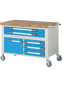 Fahrbare Werkbank Serie 8000, Gestellbauweise, 5 Schubladen, 1 T&uuml;r, Platten-BxT 1250 x 700 mm eurokraft pro