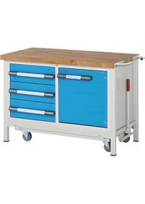 Fahr- und absenkbare Werkbank, Gestellbauweise Serie 8000, 3 Schubladen, 1 T&uuml;r, BxT 1250 x 700 mm eurokraft pro