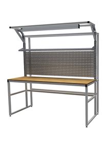 workalu Arbeitstisch mit Systemaufbau, einseitig, 1 Fachboden, 2 Lochw&auml;nde, Arbeitsplatzleuchte, Plattenbreite 1950 mm bedrunka hirth