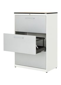 Hängeregistraturschrank, HPL-Vollkernplatte, 3 Auszüge, 2-bahnig, mit Dämpfung, reinweiß / weißaluminium / Ahorn Mauser