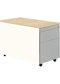 Schubladencontainer mit Rollen, HxT 579 x 800 mm, Kunststoffplatte, 1 Materialschub, 1 Hängeregistratur, reinweiß / weißaluminium / Ahorn Mauser
