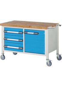 Fahrbare Werkbank Serie 8000, Gestellbauweise, 3 Schubladen, 1 T&uuml;r, BxT 1250 x 700 mm eurokraft pro
