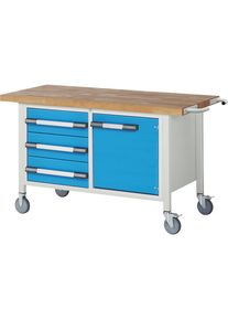 Fahrbare Werkbank Serie 8000, Gestellbauweise, 3 Schubladen, 1 T&uuml;r, BxT 1500 x 700 mm eurokraft pro