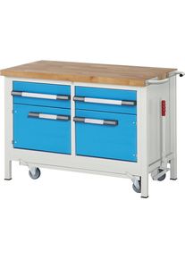 Fahr- und absenkbare Werkbank, Gestellbauweise Serie 8000, 2 Schubladen, 2 T&uuml;ren, BxT 1250 x 700 mm eurokraft pro