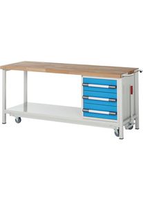 Fahr- und absenkbare Werkbank, Gestellbauweise Serie 8000, 3 Schubladen, Ablageboden, BxT 2000 x 700 mm eurokraft pro