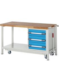 Fahr- und absenkbare Werkbank, Gestellbauweise Serie 8000, 3 Schubladen, Ablageboden, BxT 1500 x 700 mm eurokraft pro
