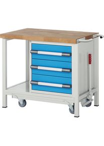 Fahr- und absenkbare Werkbank, Gestellbauweise Serie 8000, 3 Schubladen, Ablageboden, BxT 1000 x 700 mm eurokraft pro