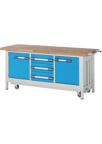 Fahr- und absenkbare Werkbank, Gestellbauweise Serie 8000, 3 Schubladen, 1 T&uuml;r, BxT 2000 x 700 mm eurokraft pro