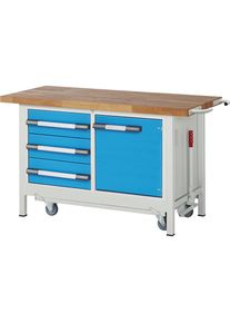 Fahr- und absenkbare Werkbank, Gestellbauweise Serie 8000, 3 Schubladen, 1 T&uuml;r, BxT 1500 x 700 mm eurokraft pro