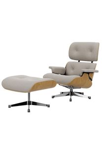 Eames Lounge Chair & Ottoman Sessel VORZUGSKOMBINATION Stoff Nubia, elfenbein-perle / Gestell poliert / Kastanie Vitra
