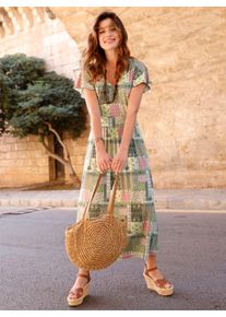 WITT Damen Jerseykleid mit gesmoktem Taillenband hinten, altrosa-oliv-bedruckt, Gr&ouml;&szlig;e 52, 95% Viskose, 5% Elasthan