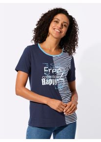 WITT Damen Rundhalsshirt mit Schriftzug und Streifen-Print, marine-himmelblau-bedruckt, Gr&ouml;&szlig;e 46, 50% Baumwolle, 50% Modal