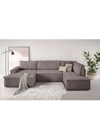 Wohnlandschaft »SHERWOOD 329 cm, U-Form, Schlafsofa,« Schlaffunktion m. Bettkasten (194x139 cm), Cord, Vintage, Samtvelours , beige , Home Affaire
