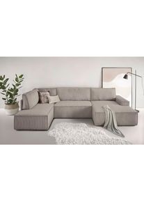 Wohnlandschaft »SHERWOOD 329 cm, U-Form, Schlafsofa,« Schlaffunktion m. Bettkasten (194x139 cm), Cord, Vintage, Samtvelours , Home Affaire