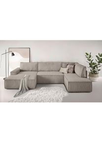 Wohnlandschaft »SHERWOOD 329 cm, U-Form, Schlafsofa,« Schlaffunktion m. Bettkasten (194x139 cm), Cord, Vintage, Samtvelours , Home Affaire